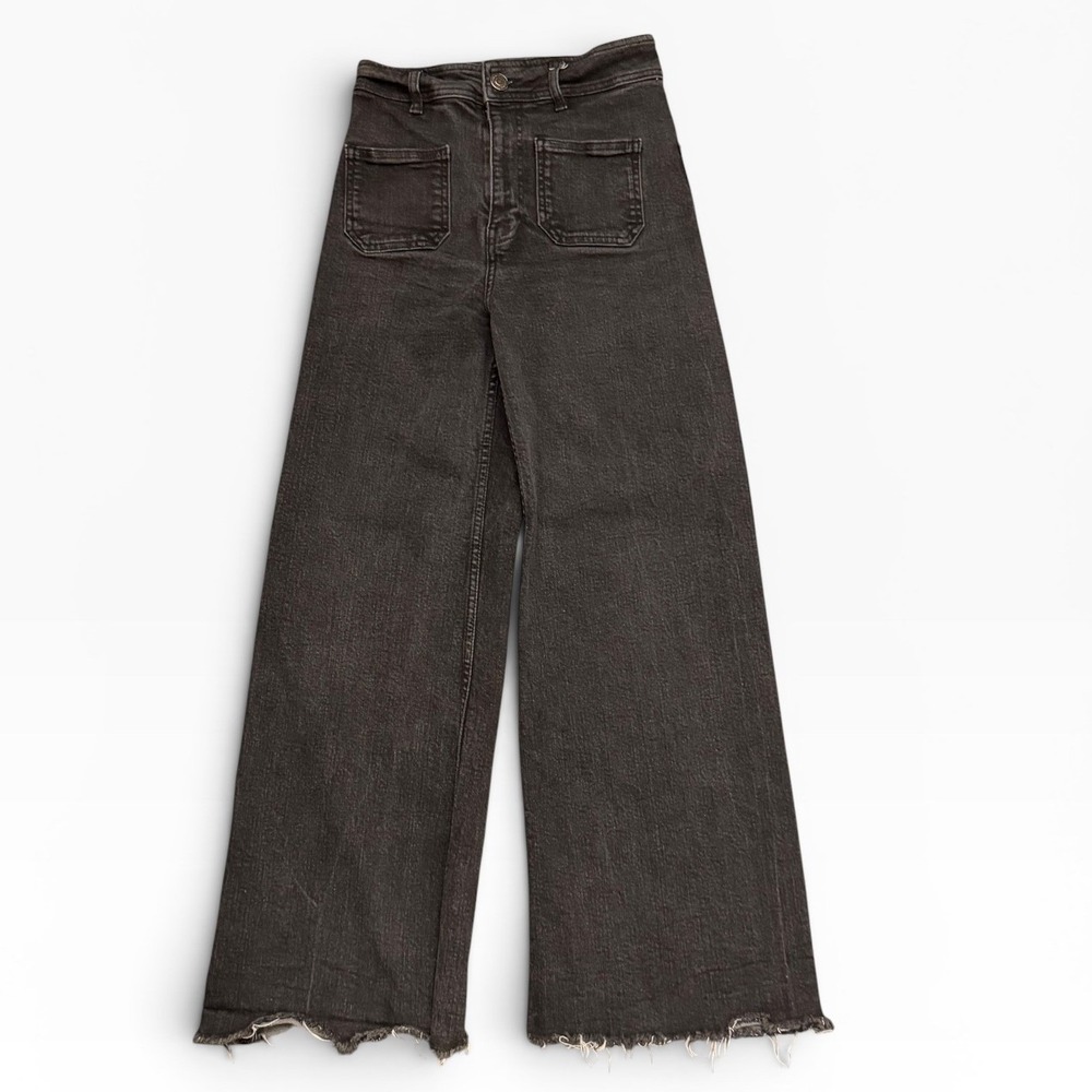 Zara The Patch Pockets Marine Straight Jeans Black High Waist Wide Leg Raw Hem 4